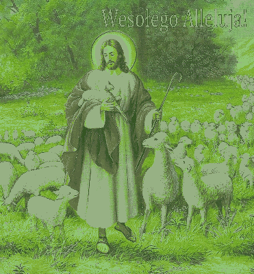 Jezus w owieczkami na łące